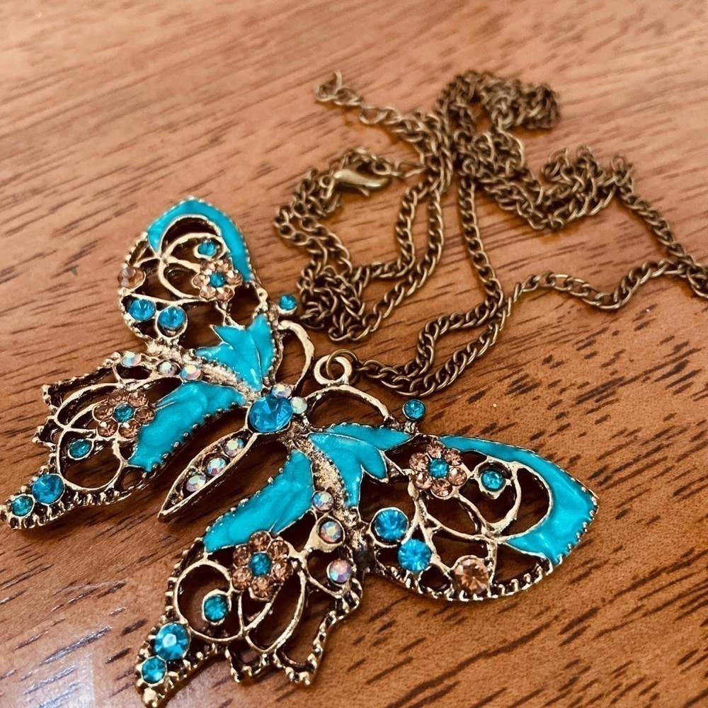 Boho Teal Butterfly Pendant Necklace Art Nouveau Enamel Rhinestone Cottagecore - Picture 12 of 12